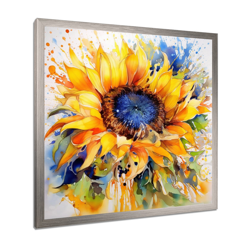 Jaune, bleu, doré, tournesols joyeux - art mural floral, H 36 po x l 36 po, Cadre photo unique, Argent argent