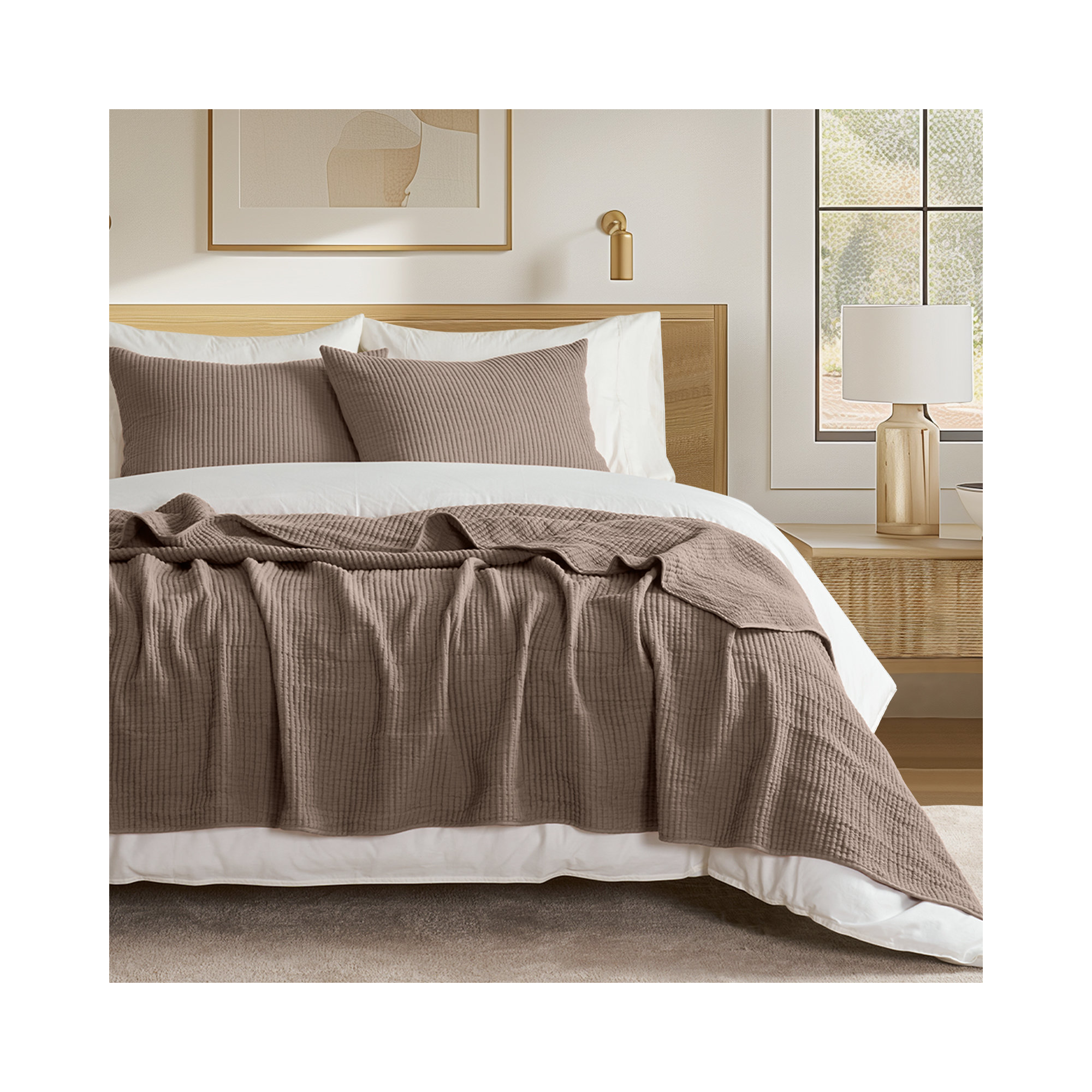 Ribbed Matelassé Cotton Coverlet Set, Mocha Brown, King Quilt + 2 King Shams