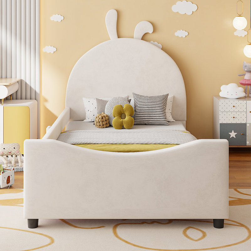 Lit de jour simple rembourré avec tête de lit pour oreilles de lapin, lit pour chambre d'enfant, beige