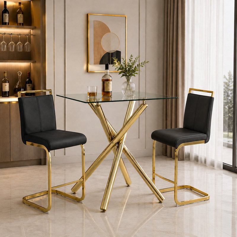 Table haute de bar carrée de 91 cm (36 po) de hauteur, style bistro/pub, avec repose-pieds en métal, Noir et or, Doré