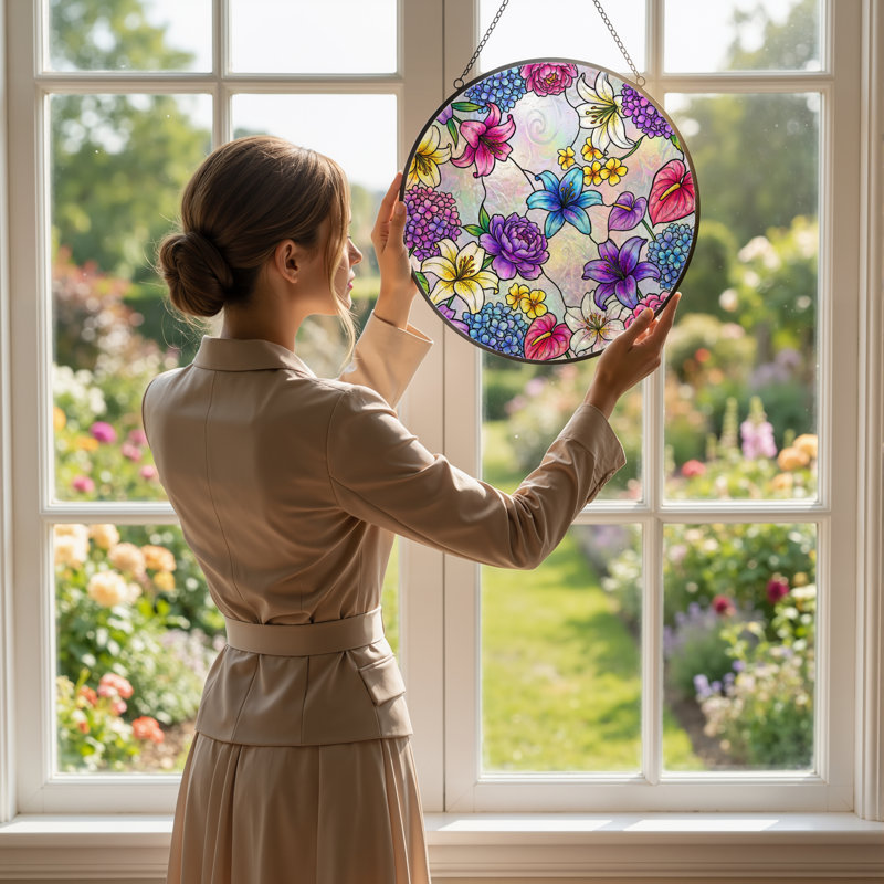 Panneau de vitrail à motif floral H 12 po, H 12 po x l 12 po