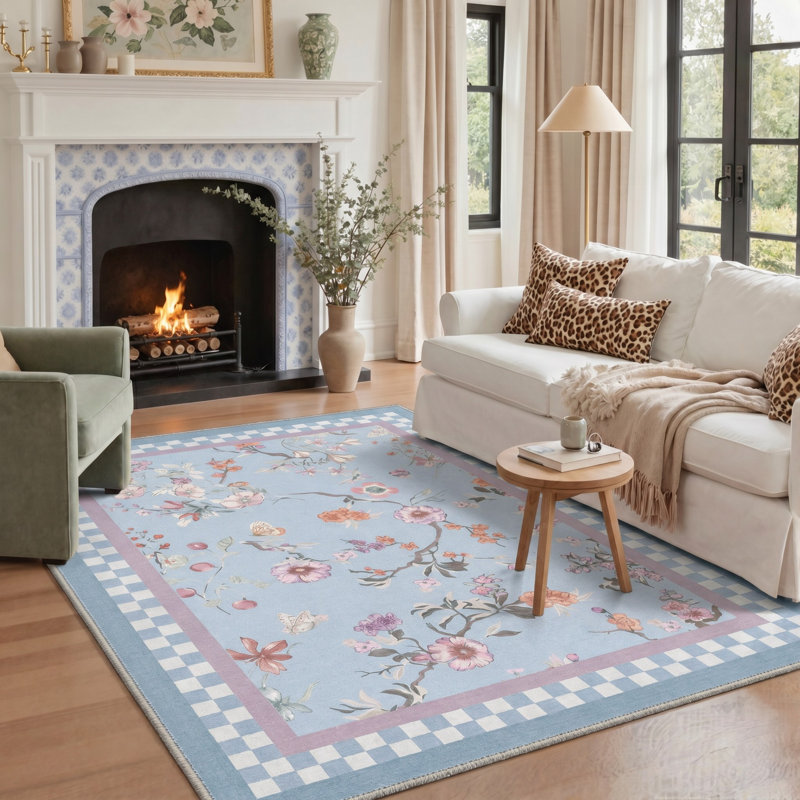 Tapis de sol performant à poils courts, lavable et antidérapant, à motif floral bleu/rose, Rectangle 10' x 14'