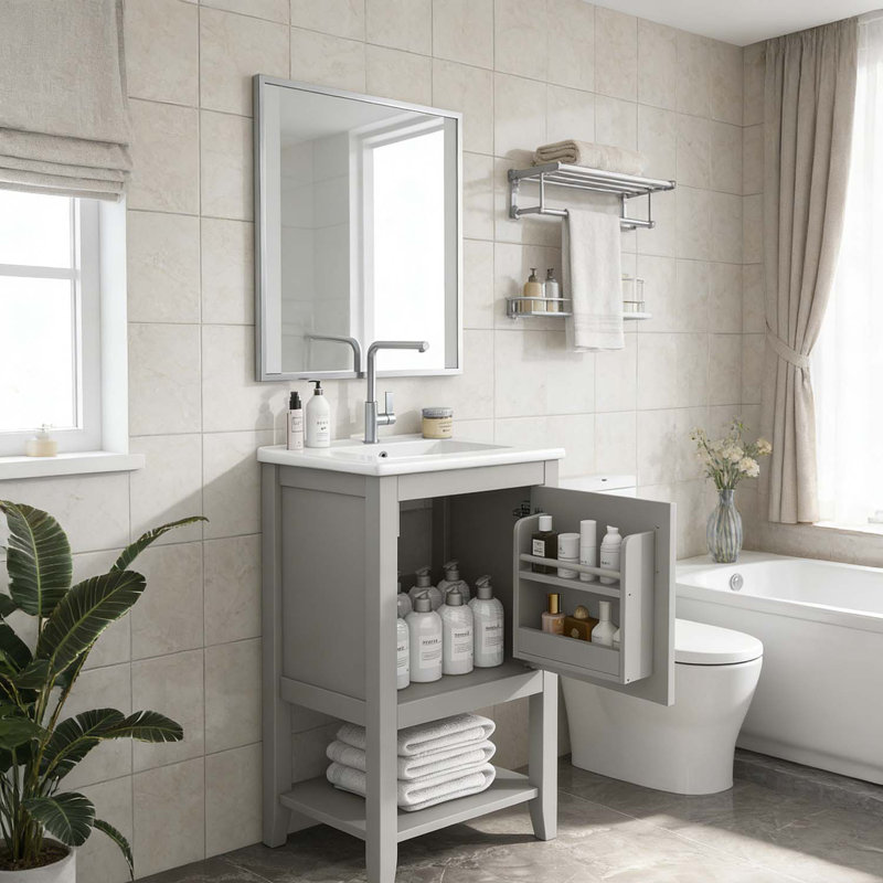 Bathroom Vanity with Sink,Soft Closing Door,Storage Rack,and Open Shelf for Modern Bathrooms, Gray