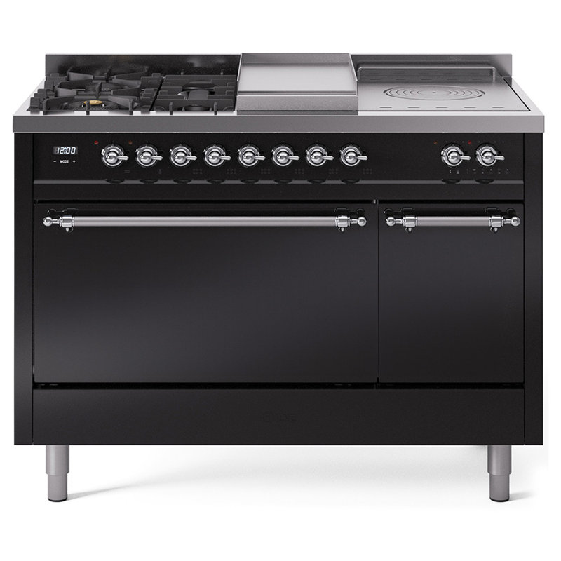 ILVE Nostalgie II 48 in Dual Fuel Range, 5 Burner, Griddle, Frenchtop, Glossy Black/Chrome, Natural Gas