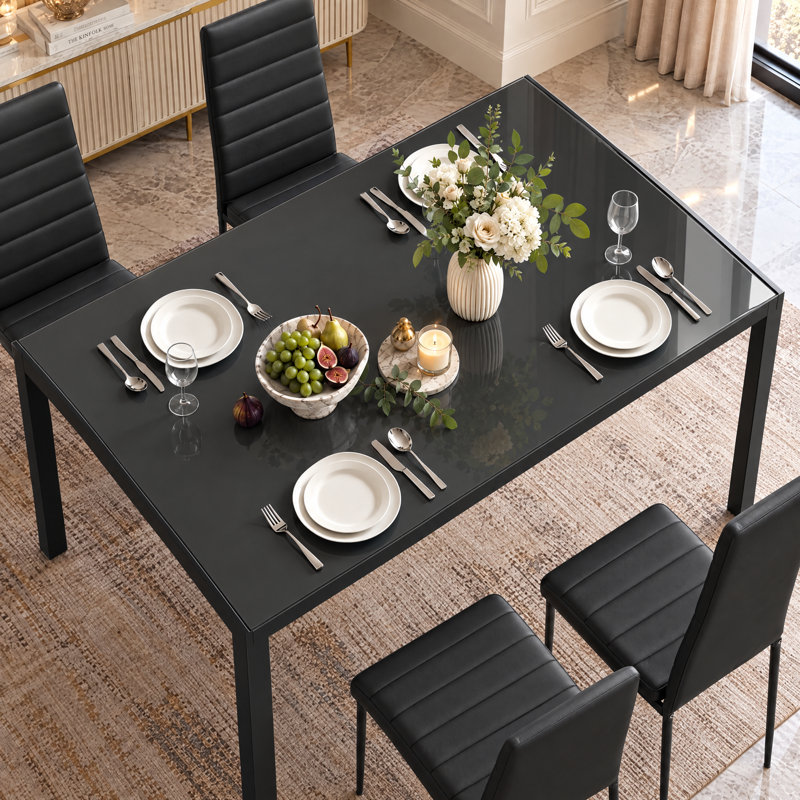 Ensemble de table de salle à manger 5 pièces pour 4 personnes, table de cuisine en verre trempé avec 4 chaises rembourrées en polyuréthane, ensemble de salle à manger à structure en acier peu encombrante pour la maison, la cuisine, la salle à manger et le petit espace (noir)