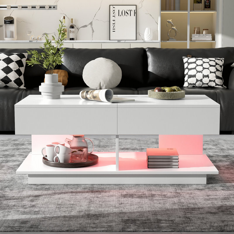 Table basse à rallonge de 41,3 po à 76,7 po avec espace de rangement caché et bande DEL, Blanc