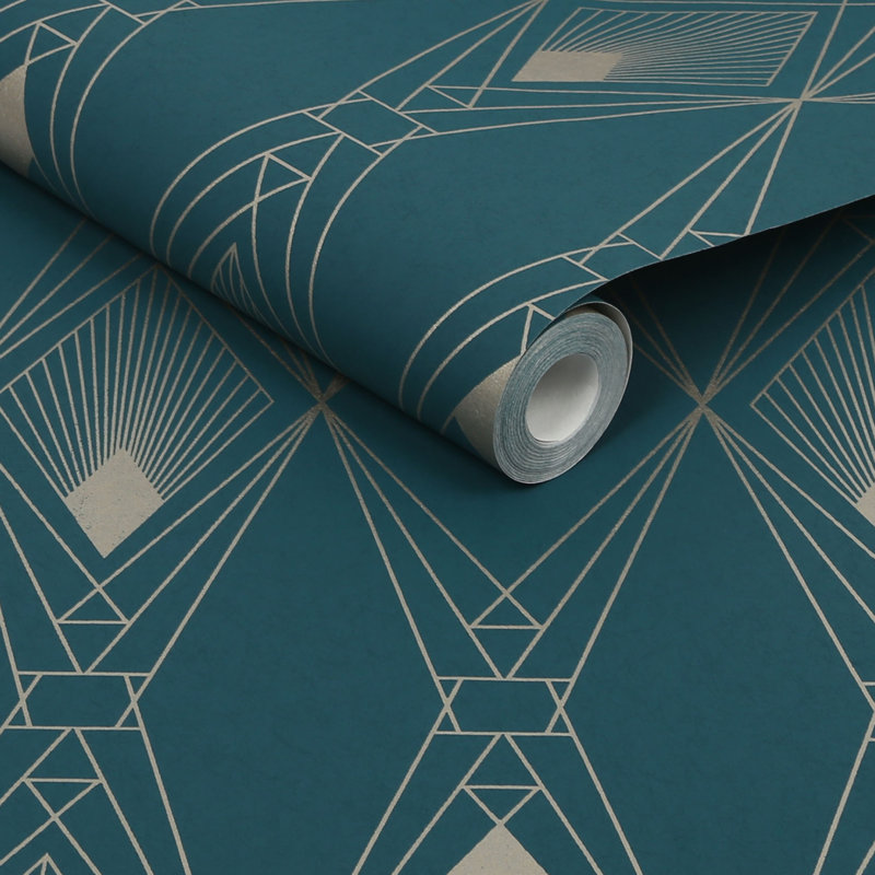 Geometric Metallic Wallpaper Double Roll, Teal