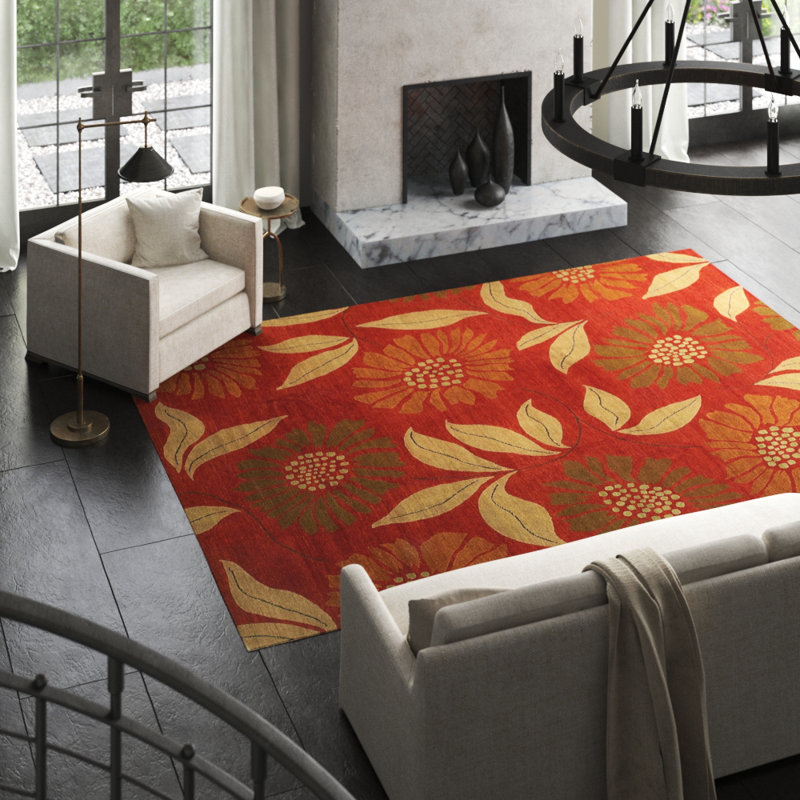 Flower Power Wool Floral Area Rug in Beige/Red, Rectangle 9' x 12'