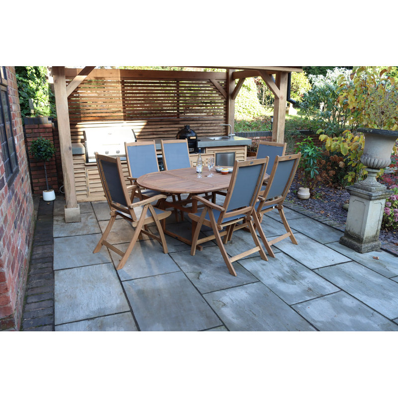 TURNBURY table with 6 x HENLEY Grey Textylene Reclining Folding High Back Armchair