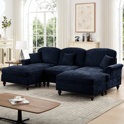 Blue Classic Modular U Shape Couch With Segmented , Petal - Shaped Flared , And Detachable Ruffles Pleats Skirts, Upholstered Chenille For Comfortable Relaxing Cloud Removable Spindle Legs, Soft