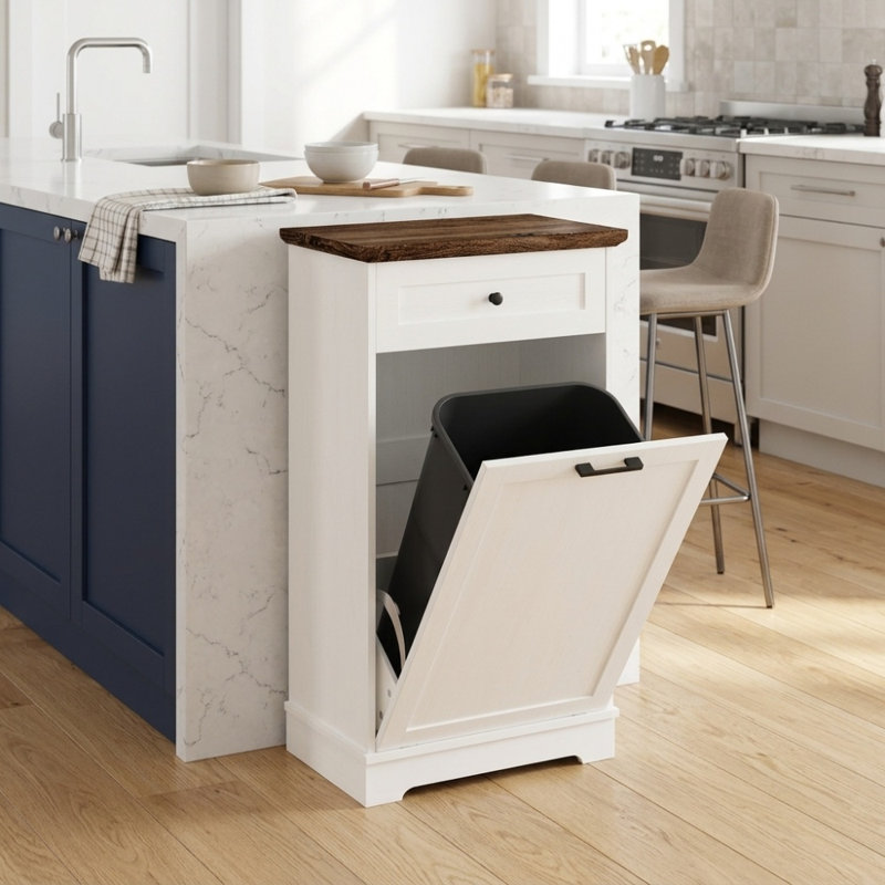 Pet Proof Tilt Out Trash Cabinet, Wood Garbage Bin Holder with Drawer for Kitchen and Living Room