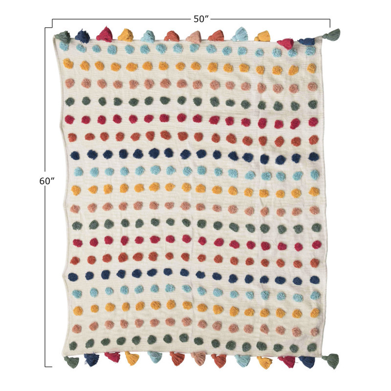 Jeté doux en coton tissé avec pois et pampilles touffetées