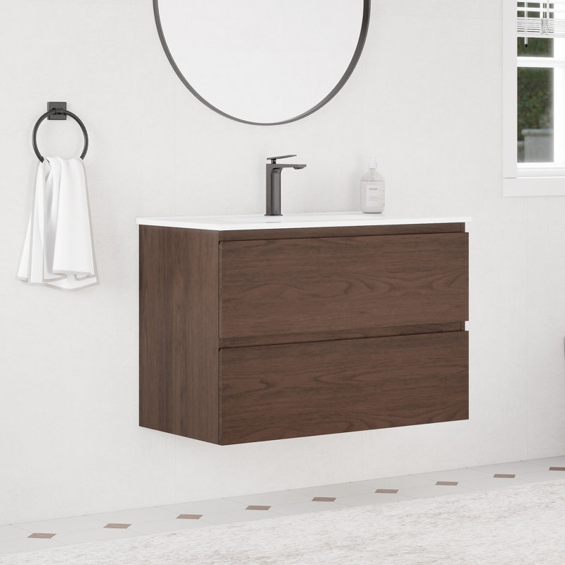 Meuble-lavabo flottant mural 36 po avec lavabo en céramique, noyer foncé, Noyer foncé, 36"
