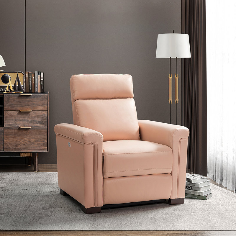 Fauteuil inclinable électrique en cuir véritable l 36,02 po Westdale avec pieds en bois massif, Rose