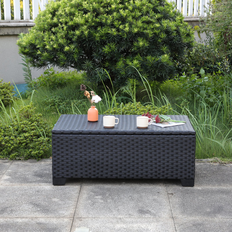 Outdoor Table with Storage Patio Table Wicker Coffee Table All-Weather Side Table Waterproof Cover, Black