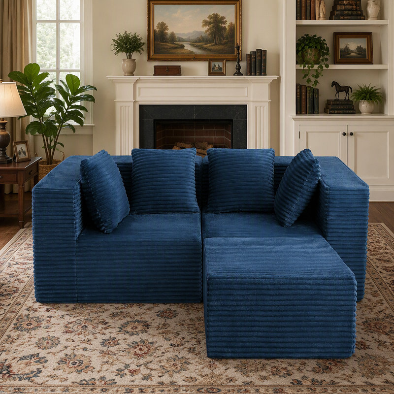 Canapés modulaires désossés pour le salon, canapé modulaire moderne, Blue Corduroy