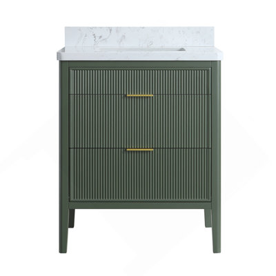 Meuble-lavabo autoportant vert entièrement assemblé de 30 po avec construction en bois massif et plateau en marbre d'ingénierie