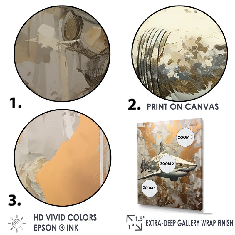 " Minimalism Shark Painting In Golden Beige II ", White Floater Framed, 44" H x 34" W x 1.5" D