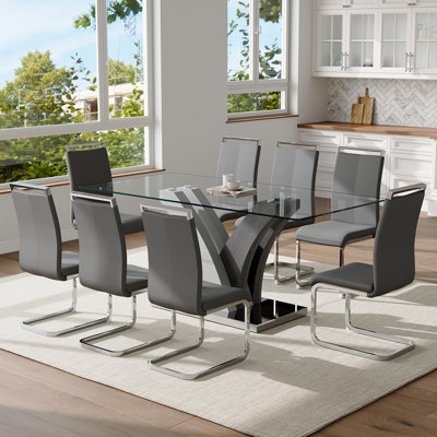 71" Dining Table Set For 8, Glass Dining Room Table Set With Tempered Glass Tabletop And PU Leather Chairs