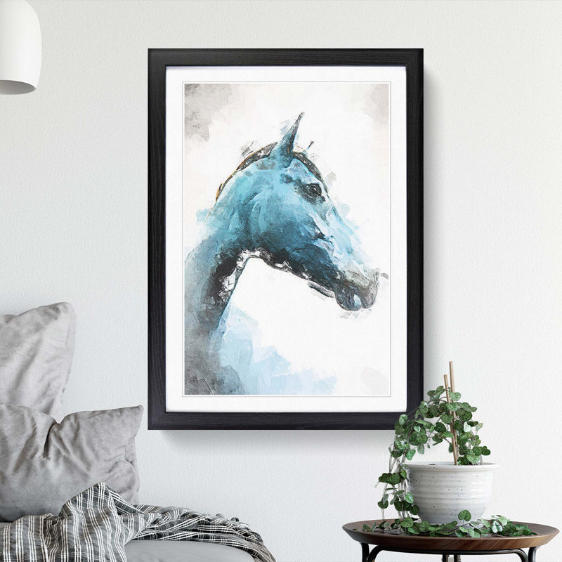 Steel Blue Horse in Abstract - Framed Print, 65cm H x 48cm W x 2cm D, Black Framed