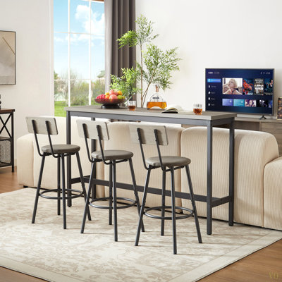 Long Bar Table Set With 3 PU Upholstered Bar Stools, Industrial Bar Table And Chairs For Kitchen Breakfast Table, Living Room, Banquet Hall,63″L X15.7"W X 37.5"H