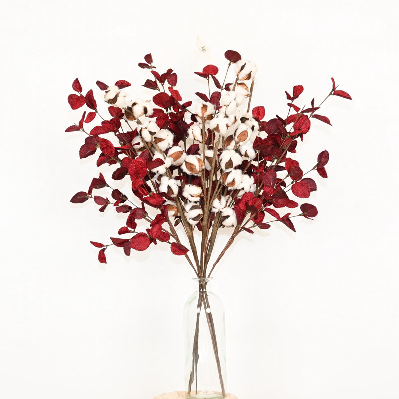 Artificial Farmhouse Fall Thanksgiving Floral Arrangement For Vase Filler, Cotton Eucalyptus Faux Flower Branch Twig With Long Stem For Home Wedding Party Dining Table Centerpiece Decor