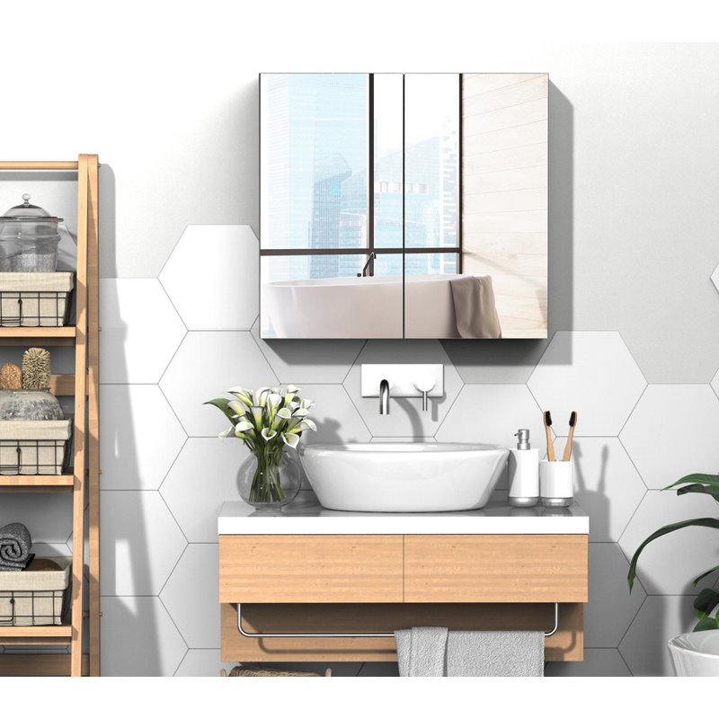 Armoire à pharmacie 24 po x 22 po à miroir avec cadre en acier et portes doubles | Antirouille, résistant à l'humidité | Organisateur de rangement pour salle de bain / cuisine