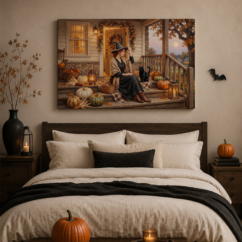 Sorcière assise sur un porche avec un chat noir et toile murale d'Halloween, H 20 po x l 30 po