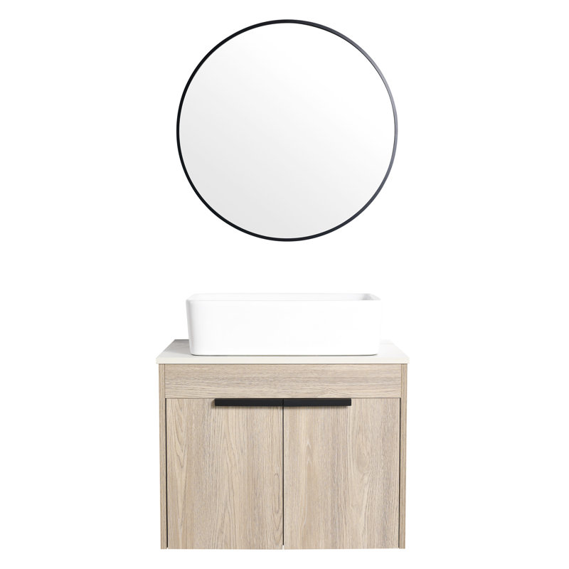 Meuble-lavabo moderne de 24 po. Chêne blanc mural avec lavabo en céramique. Porte à fermeture en douceur et rangement intérieur généreux. Lavabo en chêne. Armoires de rangement abondantes.