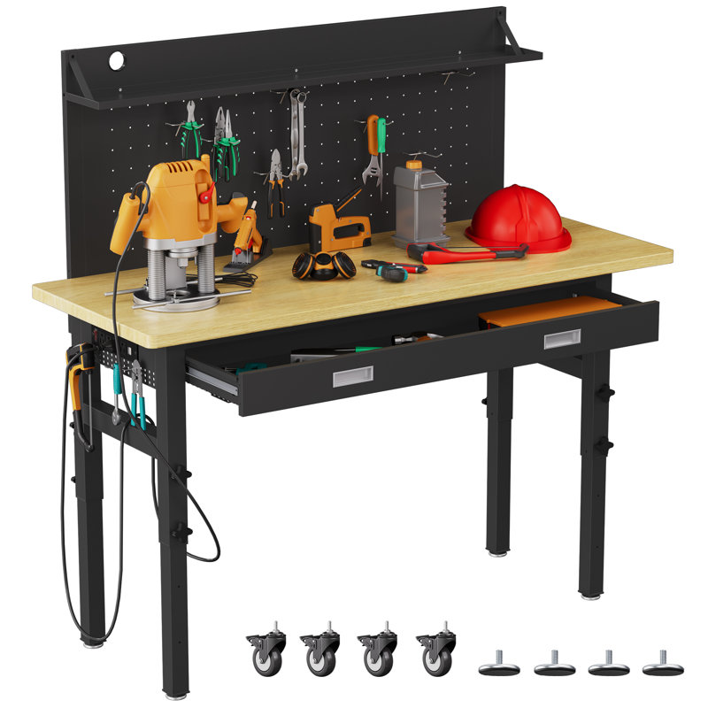 Établi de garage de 60 po avec tiroir, table de travail robuste à hauteur réglable avec panneau perforé de rangement et prises de courant, bancs à outils avec roues et pieds pour le travail du bois, atelier, bureau