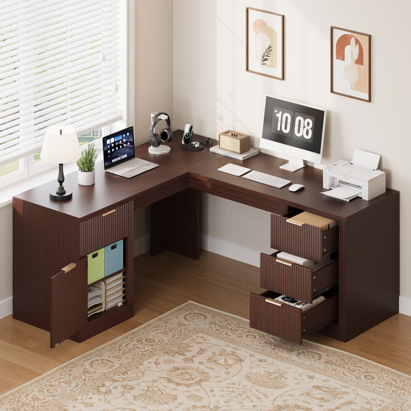 Bureau double caisson en L 69 po Ato avec 4 tiroirs, armoire et station de charge Ato