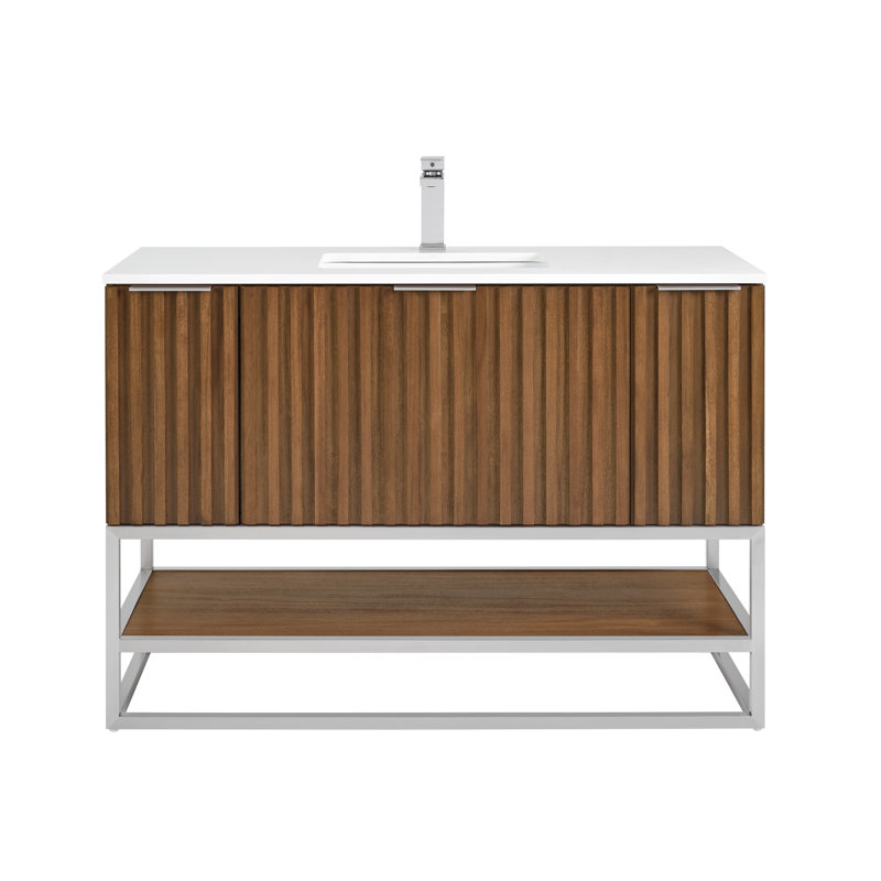 Terra 48'' Single Bathroom Vanity with Top, White Quartz/Single Faucet Mount, Walnut, Brushed Nickel