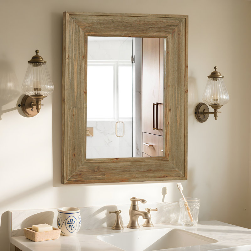 Rustic Rectangle Wood Mirror for Bathroom Farmhouse, Woodgrain wash wood, 28" x 22"