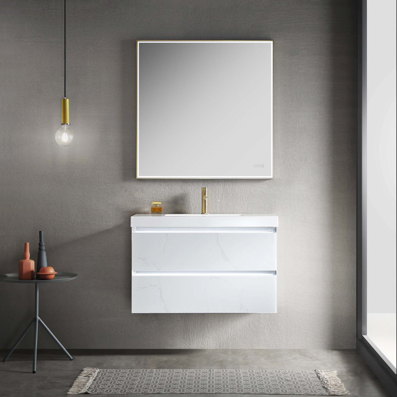Fahriye 35.19 " W Wall Mounted Wall Mounted Single Double Single Vanity Bathroom Vanity With Solid Surface Top