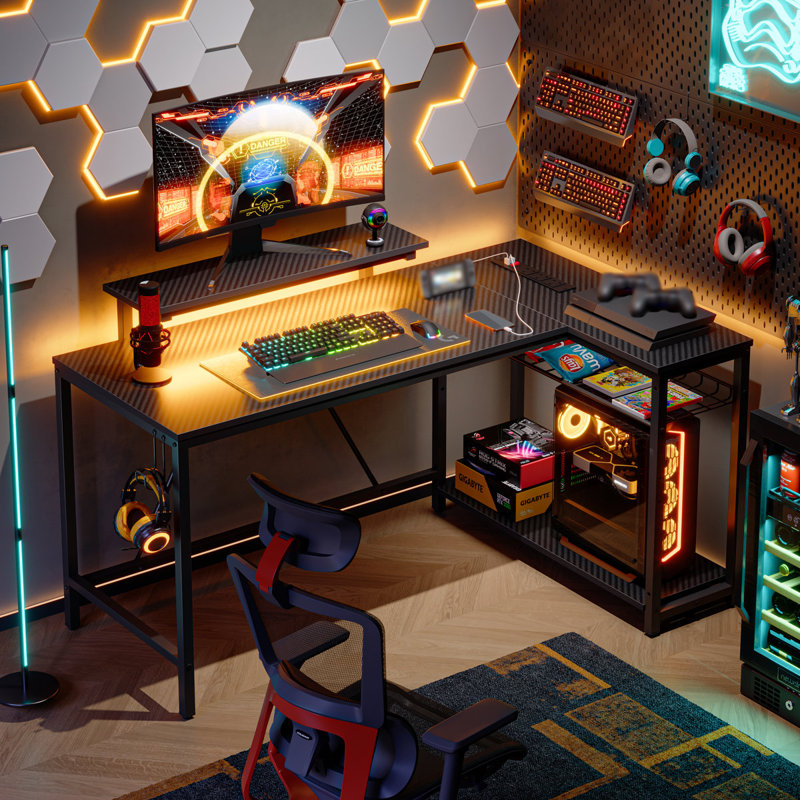 L-shaped Computer Desk with Power Outlet, Gaming Desk with Monitor Stand and Shelves, Carbon Fiber Black/Black