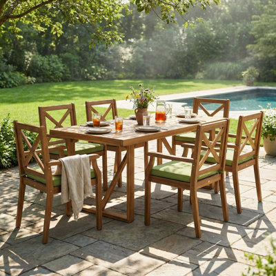 Ensemble de salle à manger d'extérieur en bois d'acacia 7 pièces avec coussins, 6 chaises modernes et 1 grande table, ensemble de mobilier de salle à manger pour la pelouse, la cour, la terrasse du jardin, le bord de la piscine
