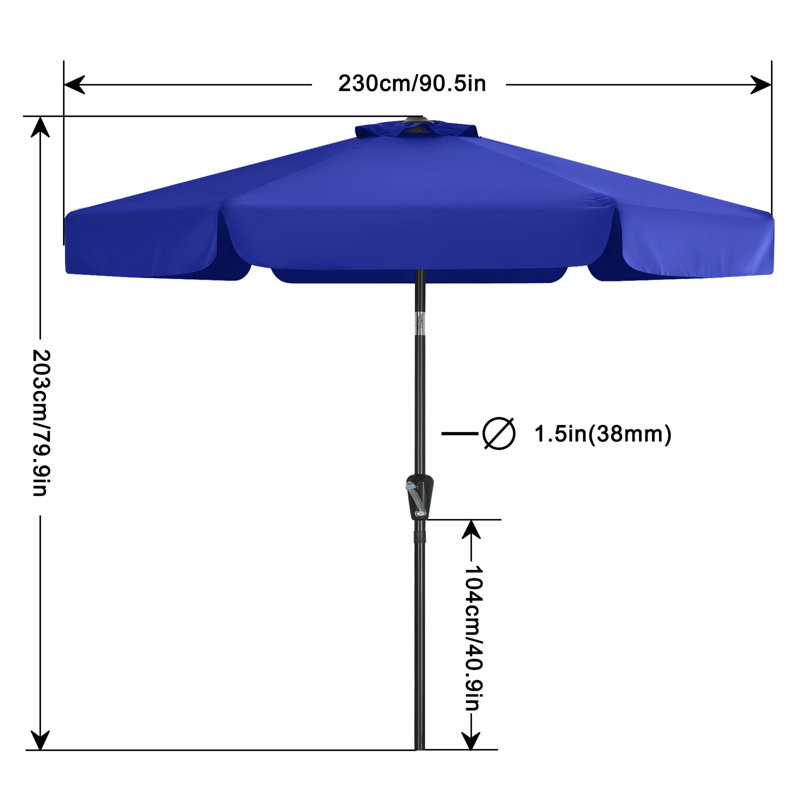 Parasol de marché Holmquist avec cantonnière festonnée, inclinaison et relevage, Bleu royal, 7.5'