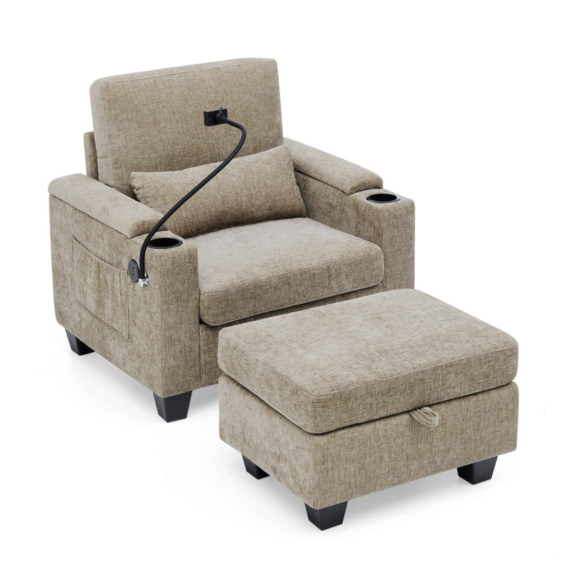 Chaise d'appoint avec dossier réglable manuellement, port de charge USB, support pour téléphone, Brun