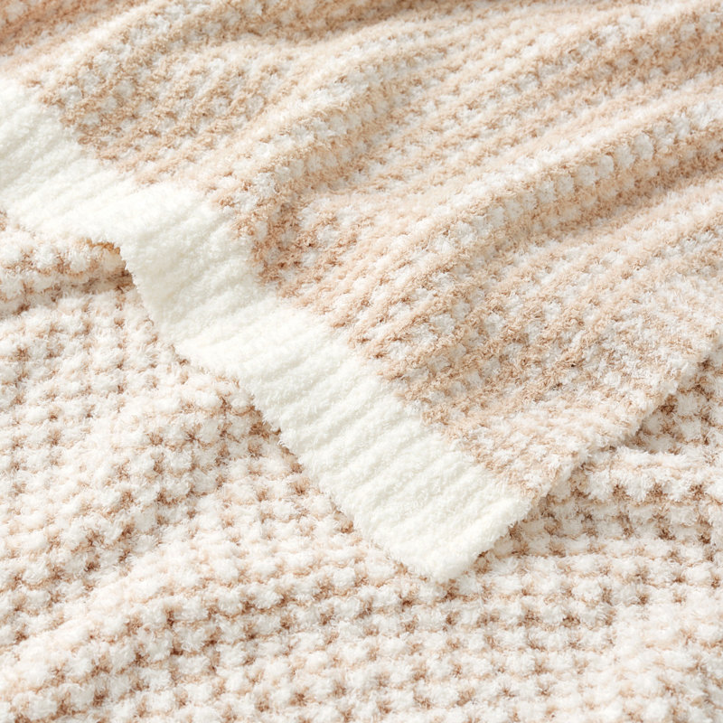 Jeté beige en tricot gaufré réversible, Beige / Blanc