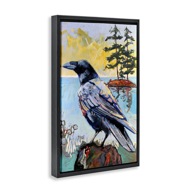 Corbeau dans un paysage moderne encadré, toile flottante par Adam Swanson, H 25 po x l 17 po, Cadre flottant noir de jais