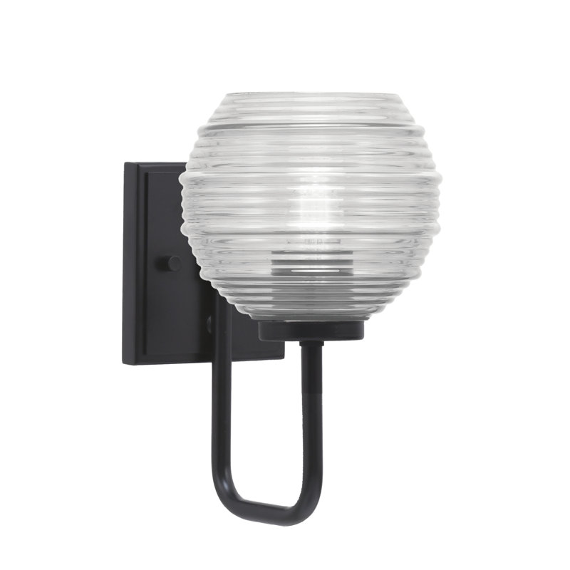 Amarmula 1 Light Wall Sconce, Matte Black Finish, 6" Smoke Ribbed Glass, Black, Clear/Black