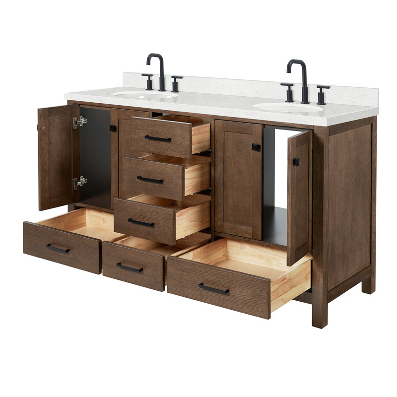 Amariani 60.25'' Double Bathroom Vanity with Top, Brown Oak / Matte Black