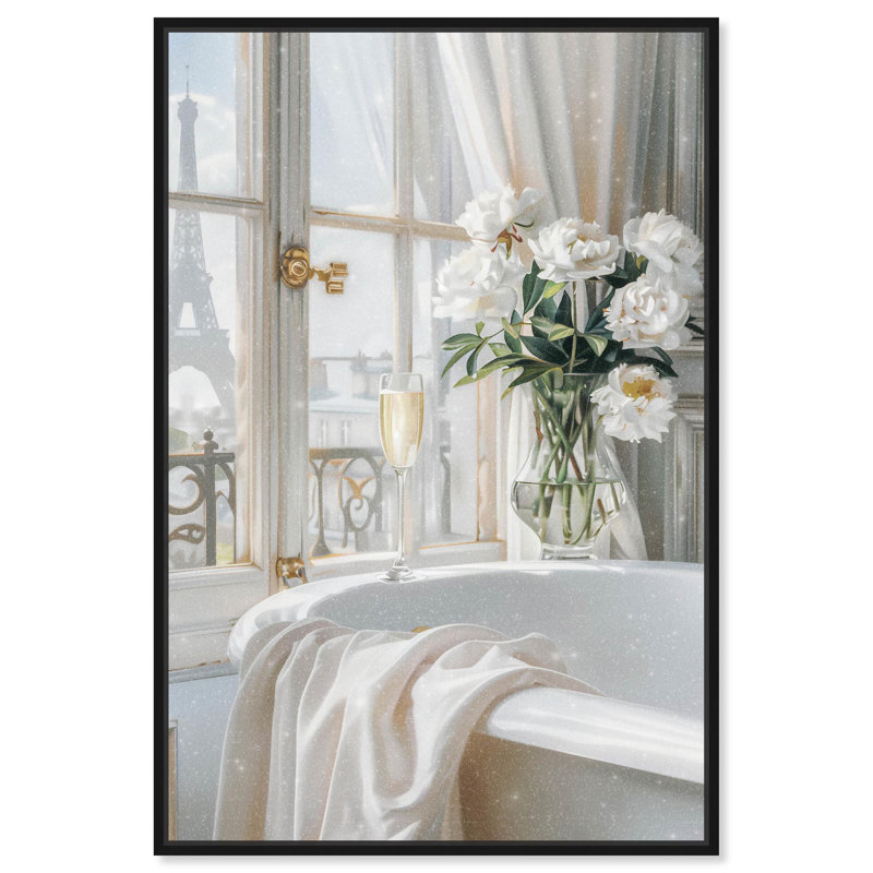 Ivory Bathroom in Paris Canvas Glam Bathroom Art by Art Remedy, 31" H x 21" W, Black Framed
