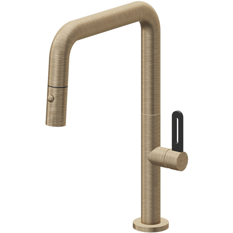 Pull-Down Kitchen Faucet With Button Sprayer - Quad Spout, Antique Brass Flat, Black Flat Blade