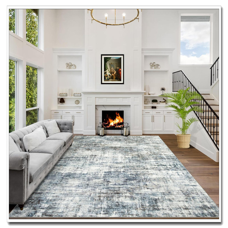 4'X6' Washable Area Rug, Modern Abstract Blue Multi Indoor Rug, Soft Anti-Skid Thin Non-Shedding Carpet For Living Room Bedroom Dining Room Farmhouse Nursery Office