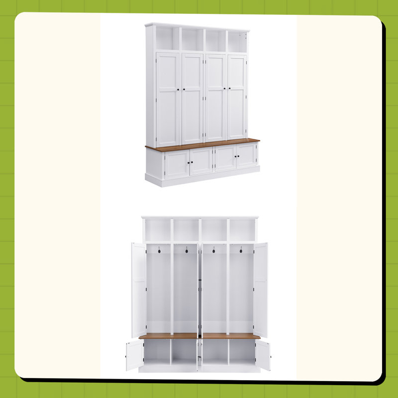Arbre d'entrée 76,7 po avec banc et armoire, banc d'entrée 4 en 1 avec portemanteau, White