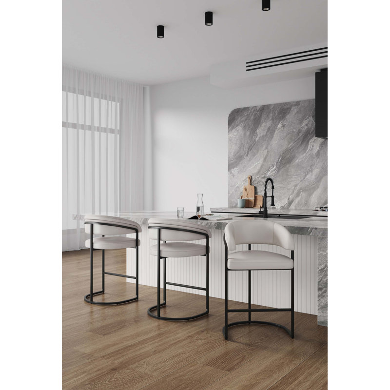 Benfeito Modern Vegan Leather Upholstered Metal Counter Stool in Light Grey, 3, Counter Stool 26.8",  Light Gray