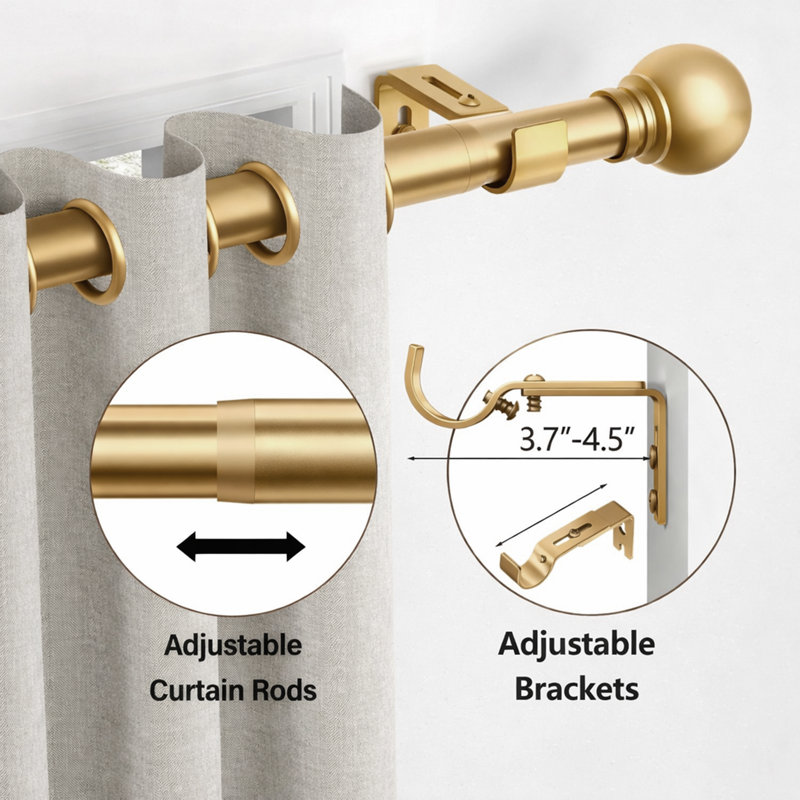 Premium-Quality Adjustable Plain Metal Curtain Rod for Heavy Room Darkening Panels (with Finials), Antique Brass