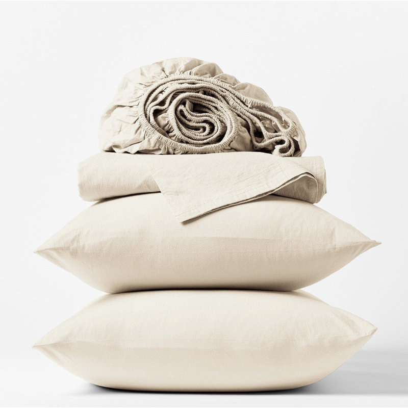 Ensemble de draps en percale organique froissé, Non teint, Ensemble de draps pour lit double avec 2 taies d'o