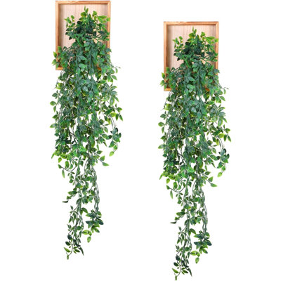 2 Pack Artificial Hanging Plants With Wooden Frames Home Fake Hanging Mandala Leaves Greenery Plants Mandala Vine Supplies For Wall Living Room Decor Bathroom Shelf Indoor